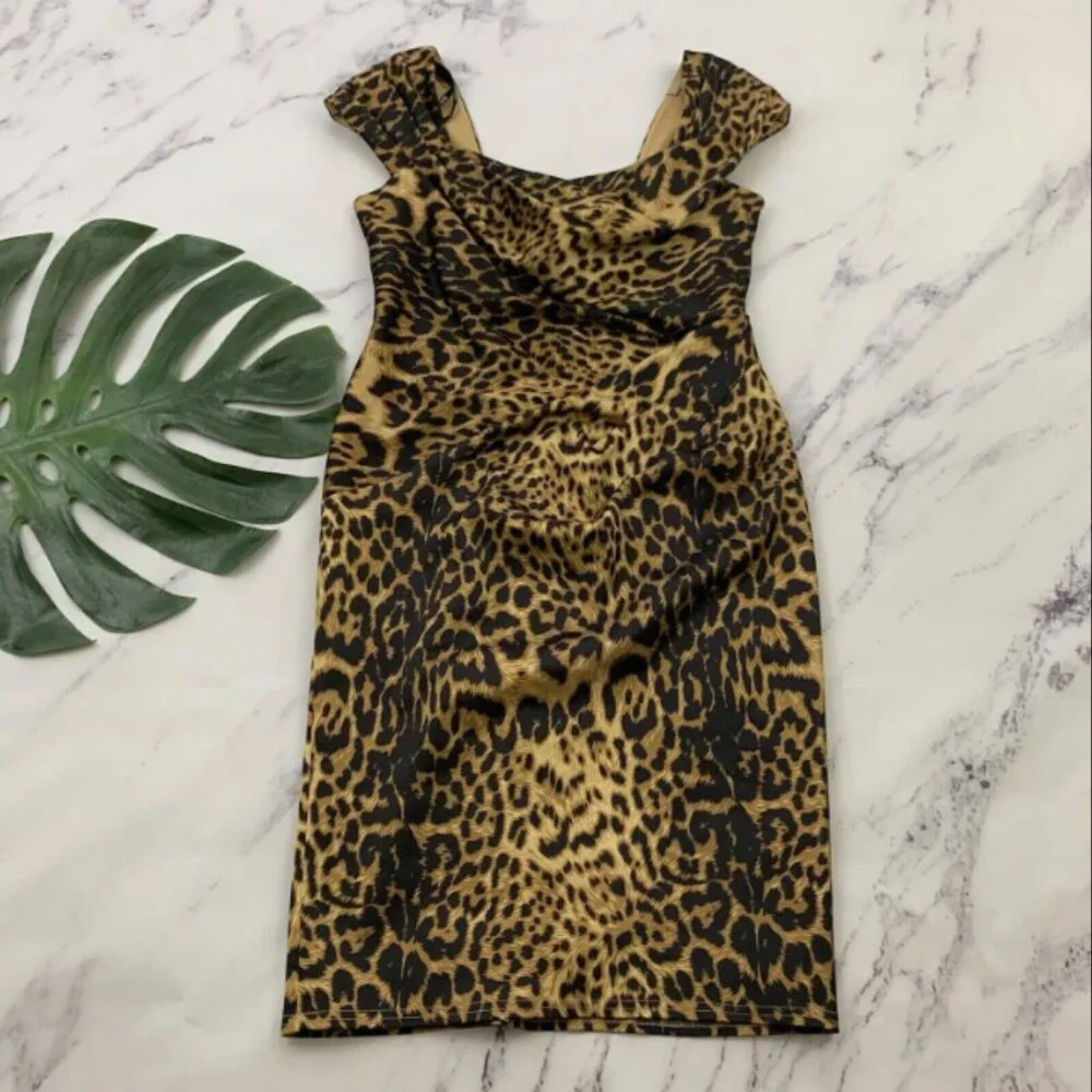 Tadashi Shoji Leopard Cocktail Dress Sz 8 Petite Brown Black Satin Pinup Wiggle - Picture 4 of 4